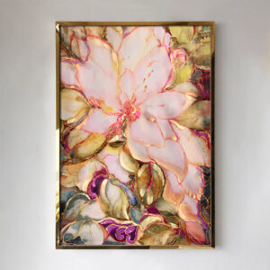 Front view of crystal floral wall art with pink petals and gold accents