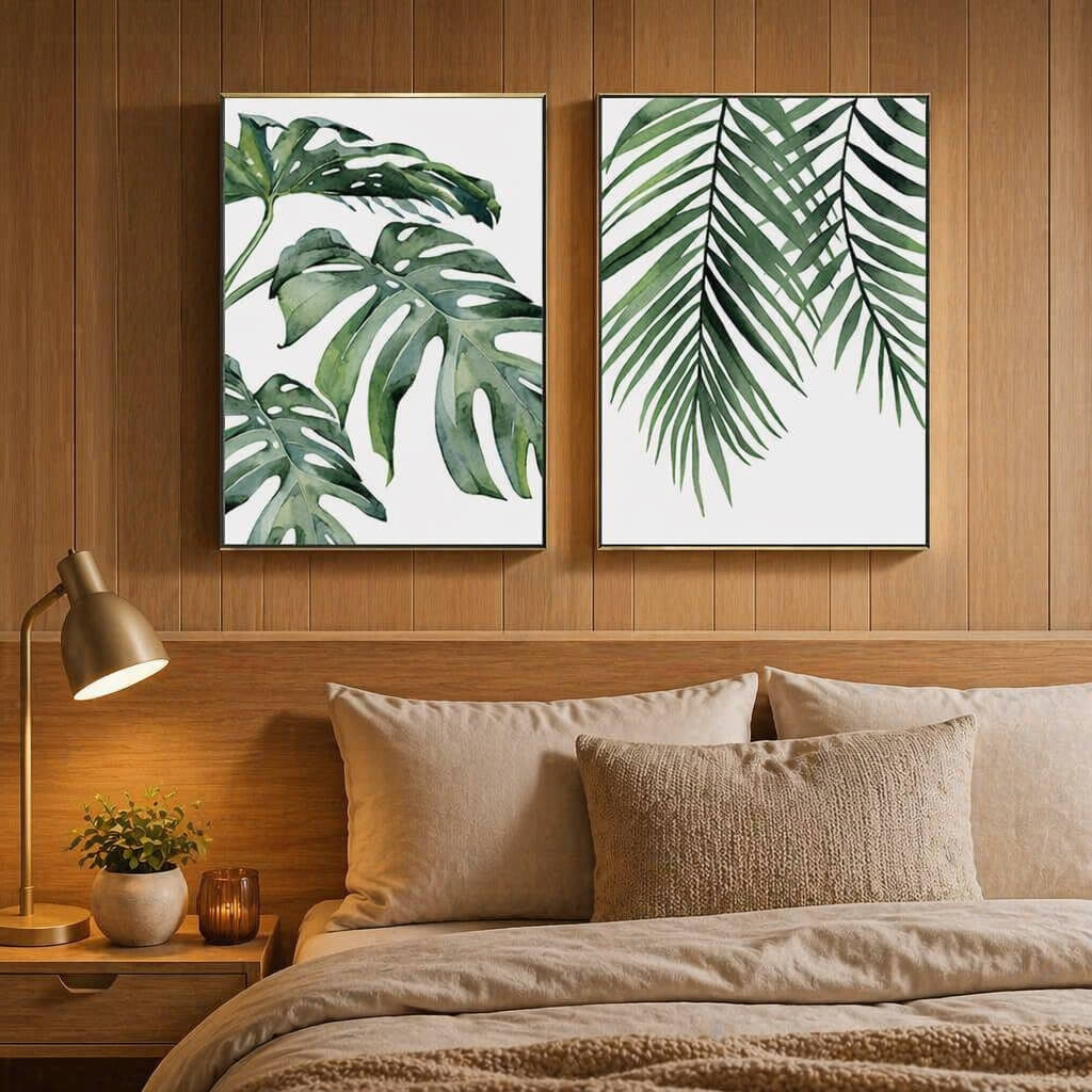 Botanical diptych wall art above headboard