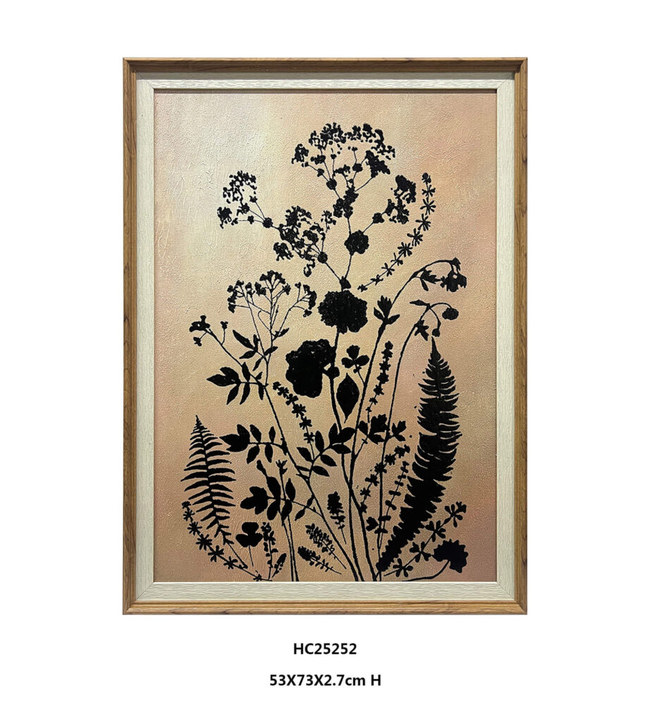 Textured fern and wild rose wildflower silhouette wall art in wood frame.