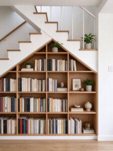 Custom built in wooden bookshelf tailored under staircase slope