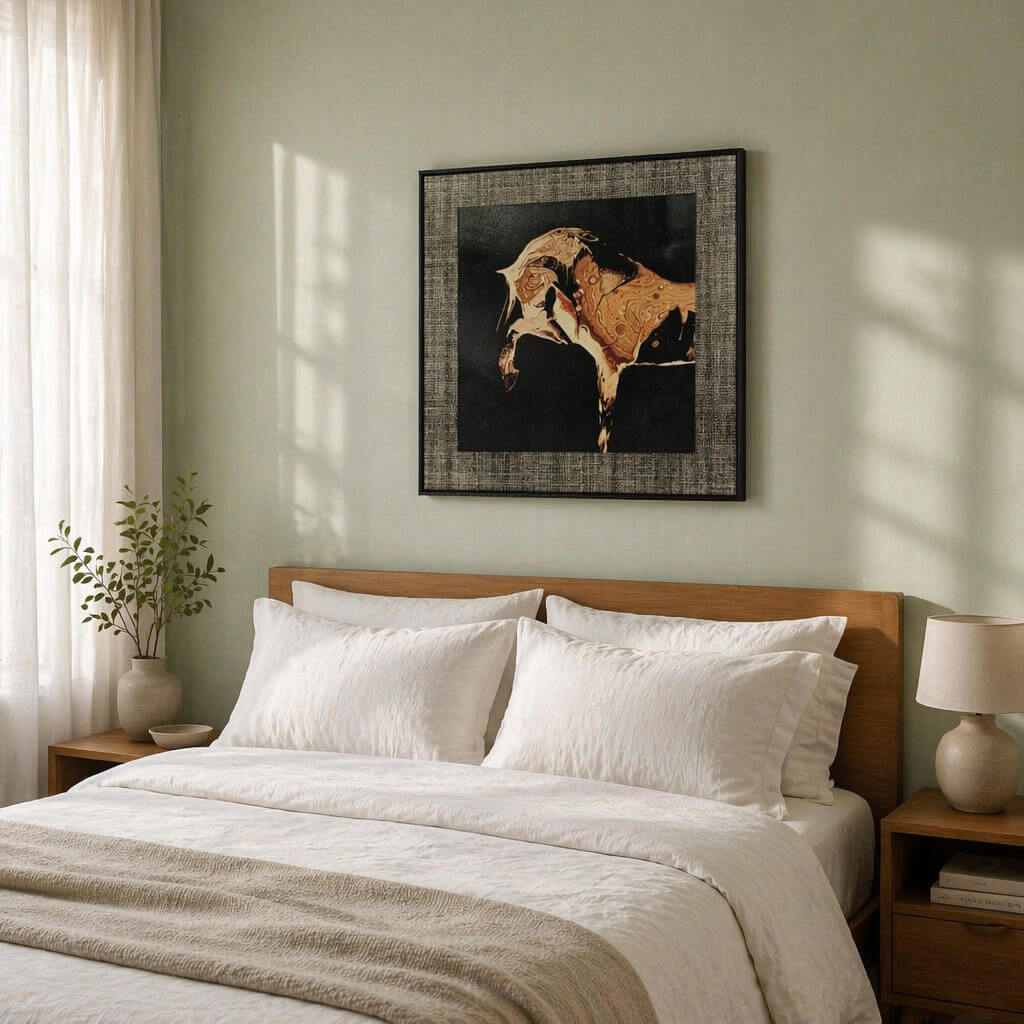 Bull canvas wall art above bed