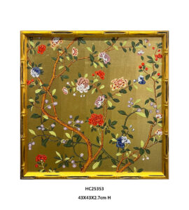 Square chinoiserie gold floral tree wall art with colorful blooms and a bamboo style frame