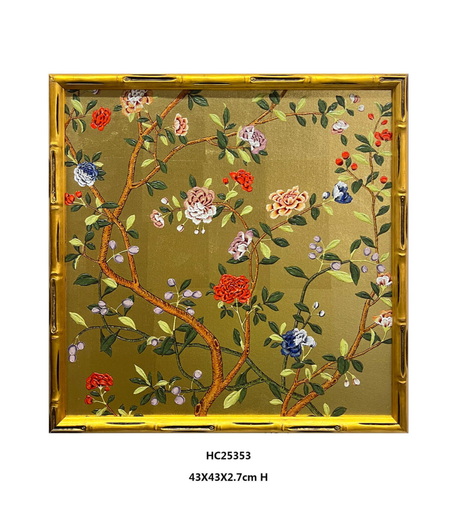 Square chinoiserie gold floral tree wall art with colorful blooms and a bamboo style frame