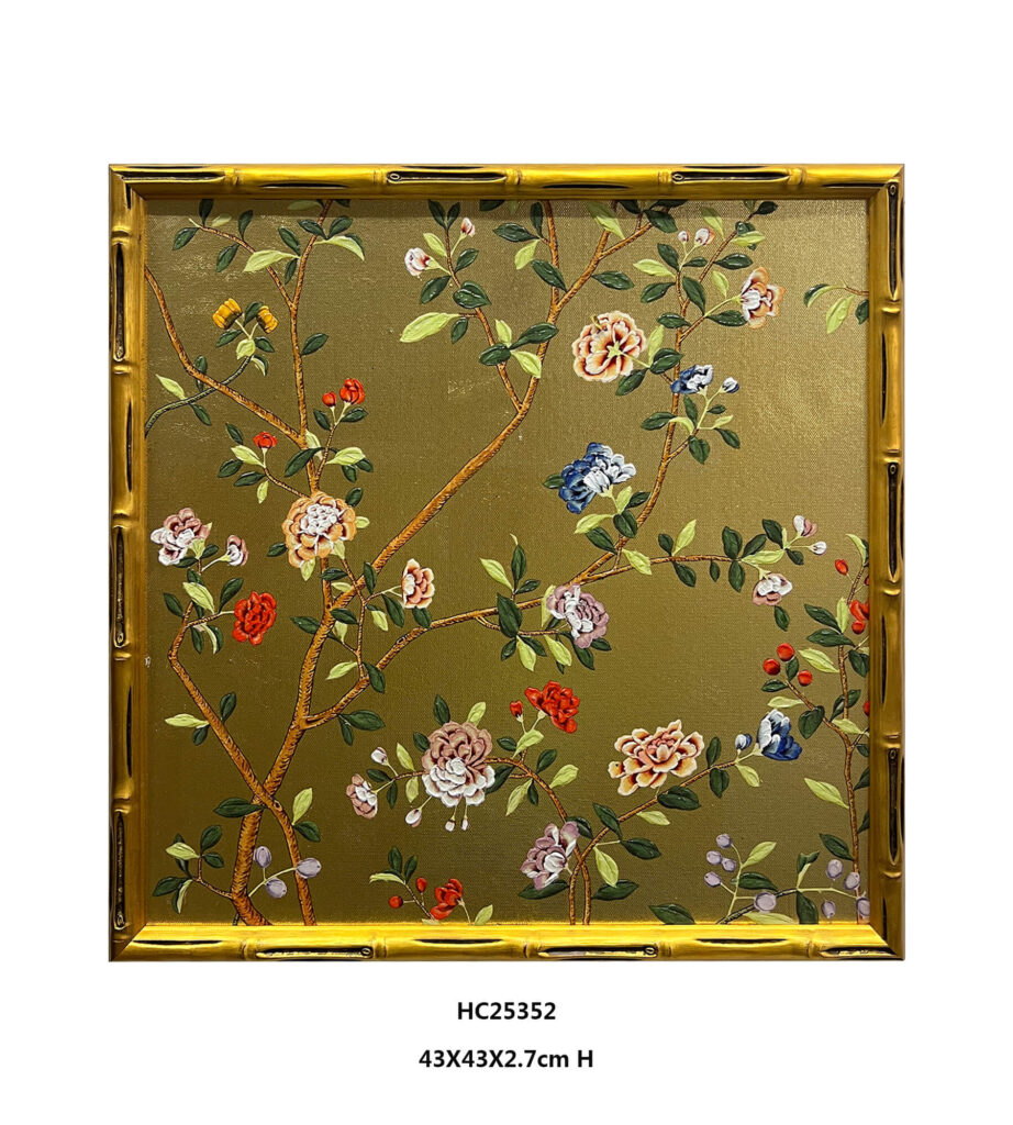 Vertical chinoiserie gold floral tree wall art with winding branches on a gold background