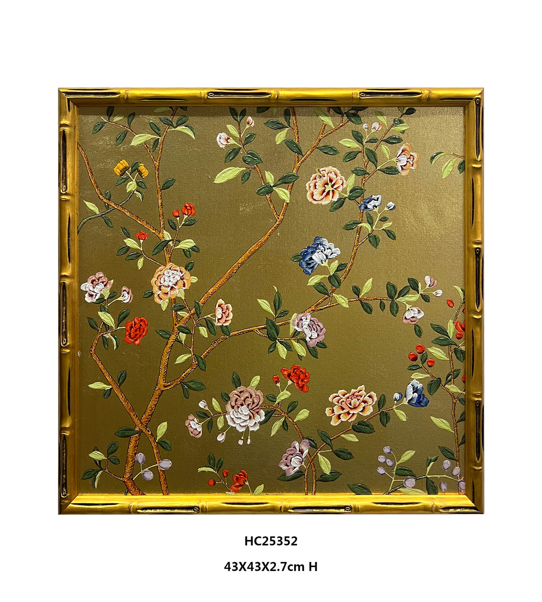 Vertical chinoiserie gold floral tree wall art with winding branches on a gold background