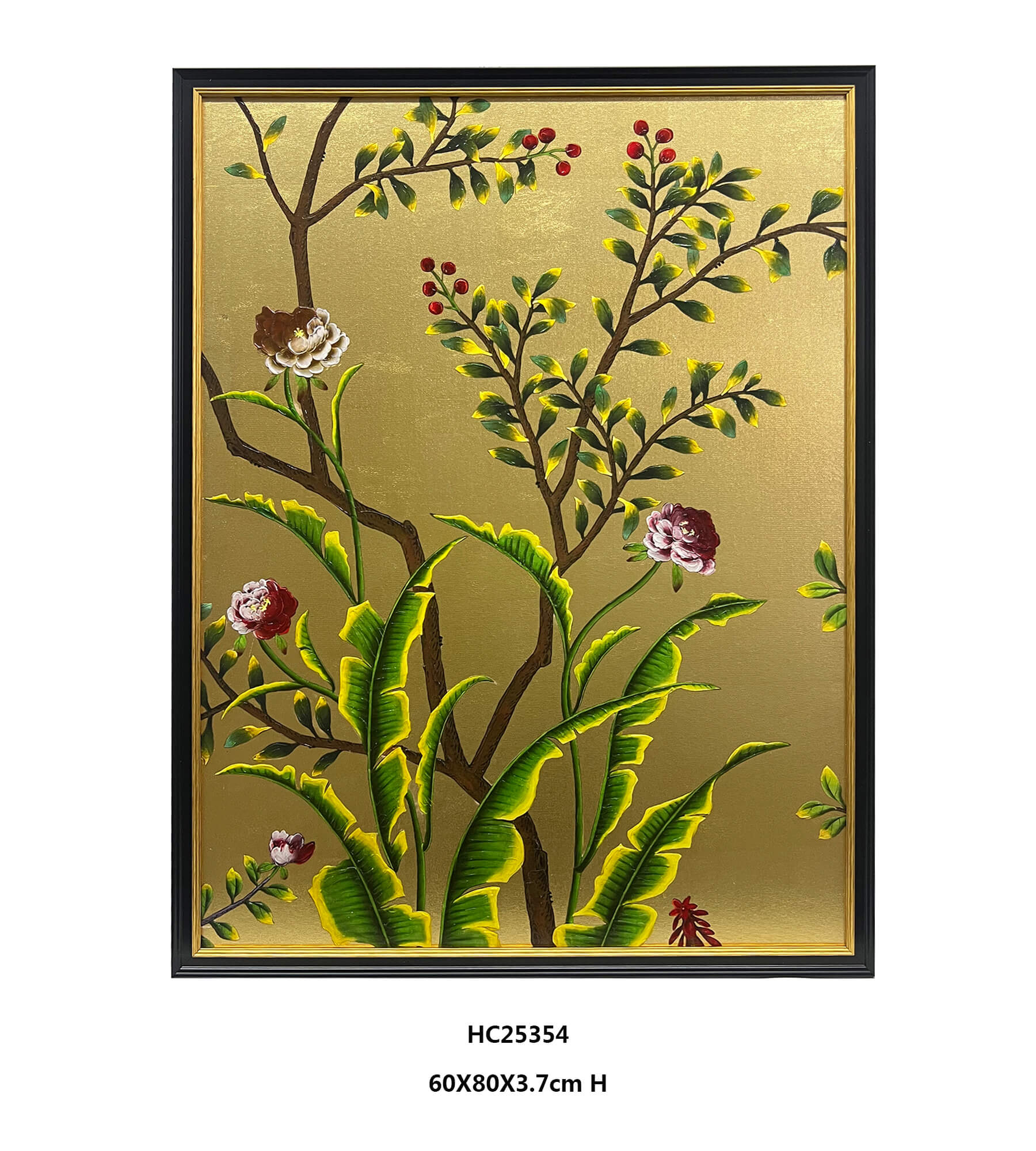 Chinoiserie Gold Leaf Floral Wall Art  For Living Room Decor（60x80cm）