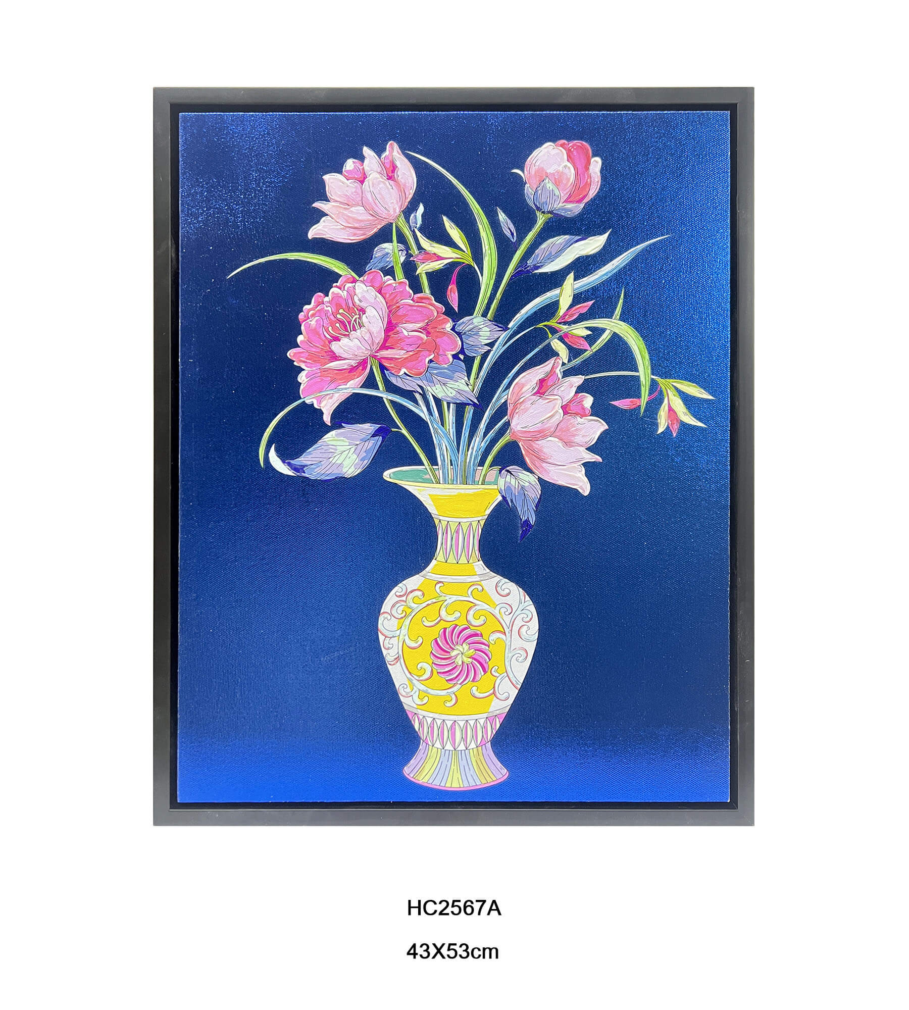 Blue background chinoiserie peony wall art