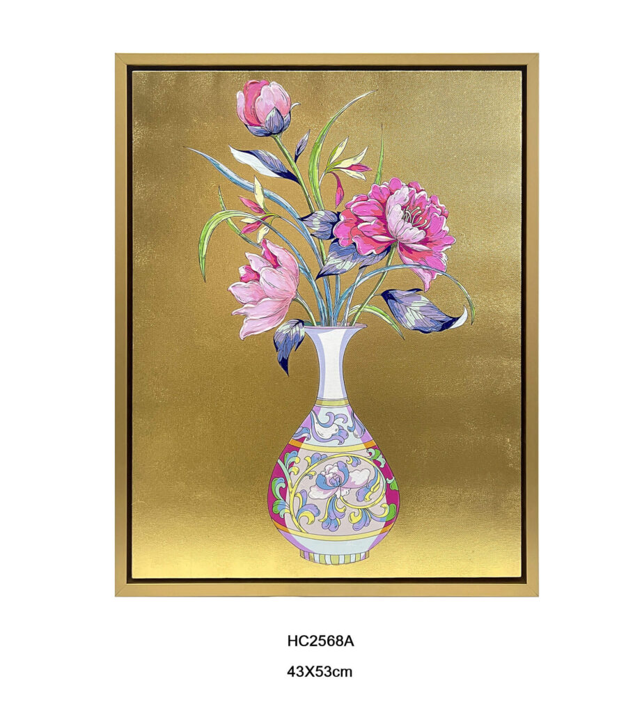Chinoiserie vase peony wall art with gold background and floral design