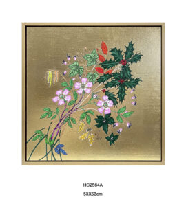 Chinoiserie wild rose wall art with gold metallic background square botanical painting