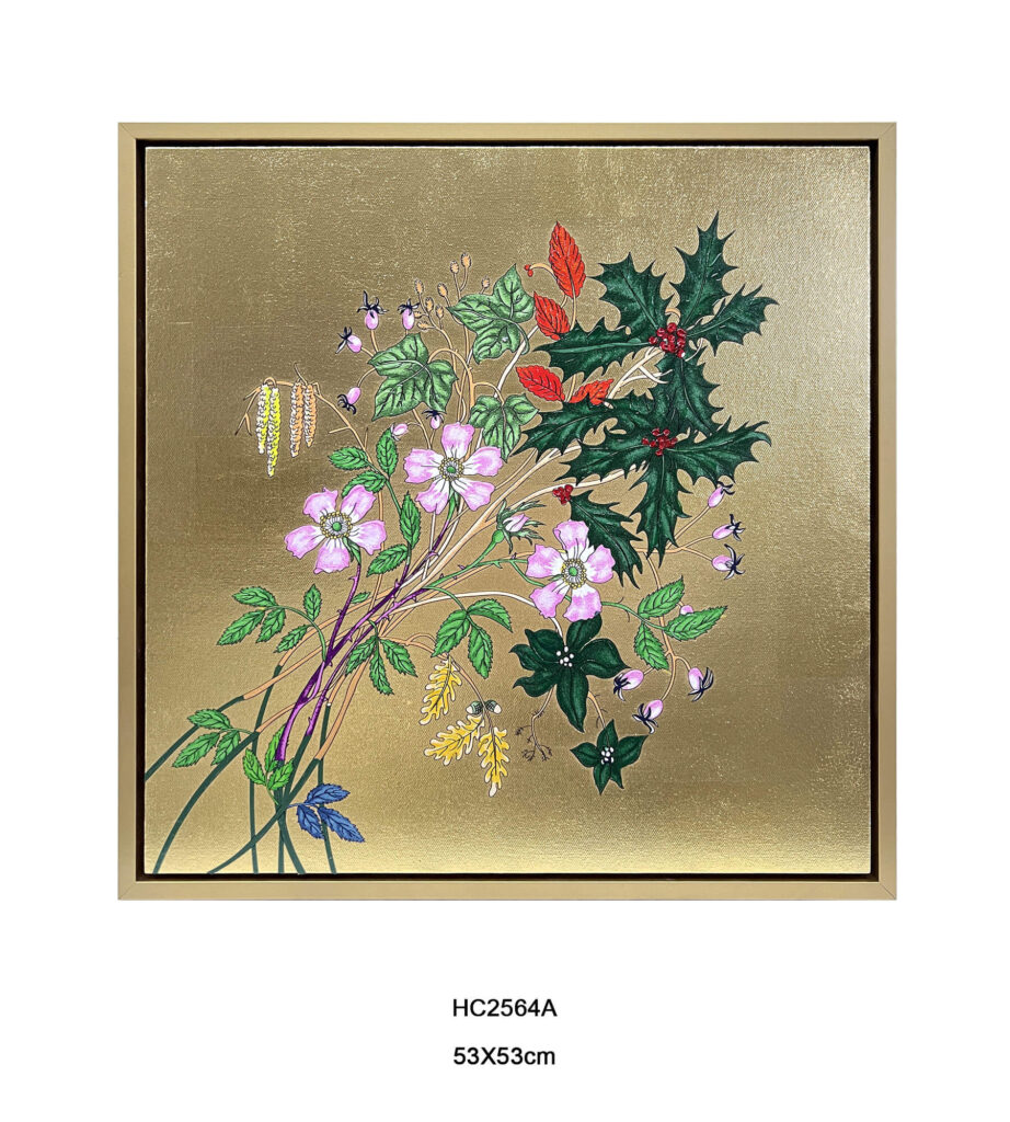 Chinoiserie wild rose wall art with gold metallic background square botanical painting