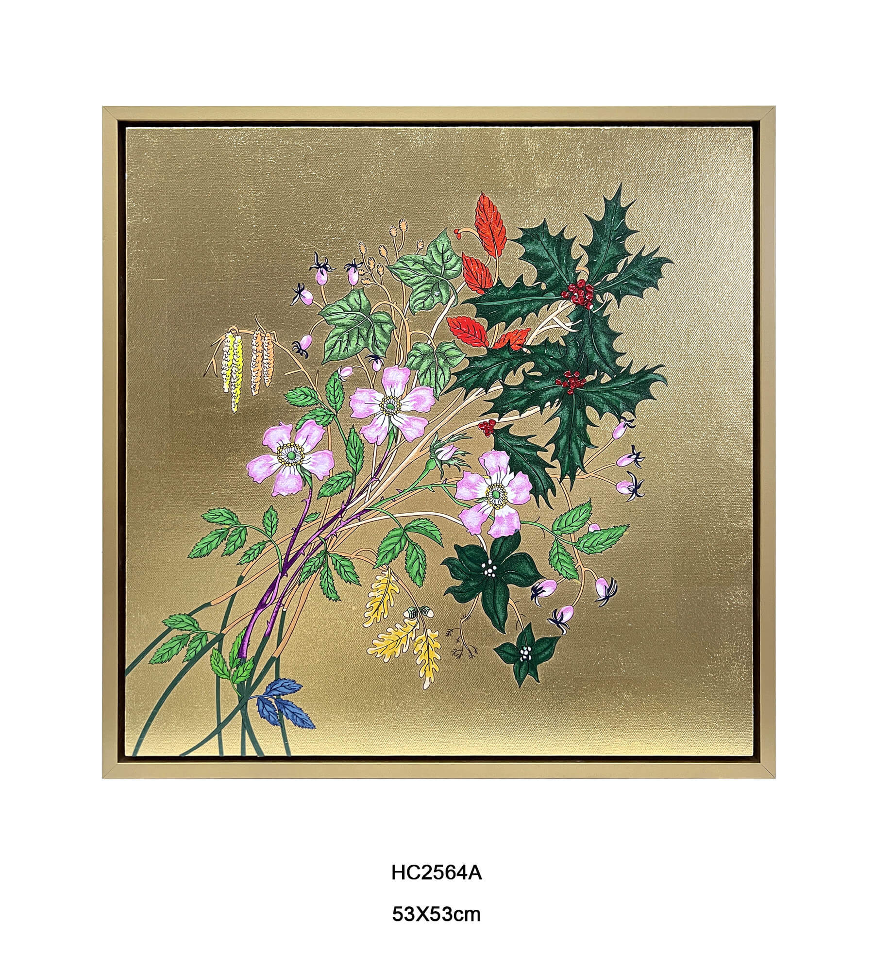 Chinoiserie wild rose wall art with gold metallic background square botanical painting