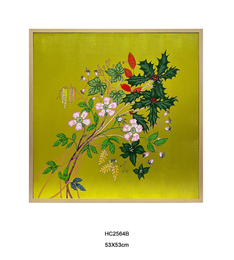 Chinoiserie wild rose wall art with warm yellow background floral artwork