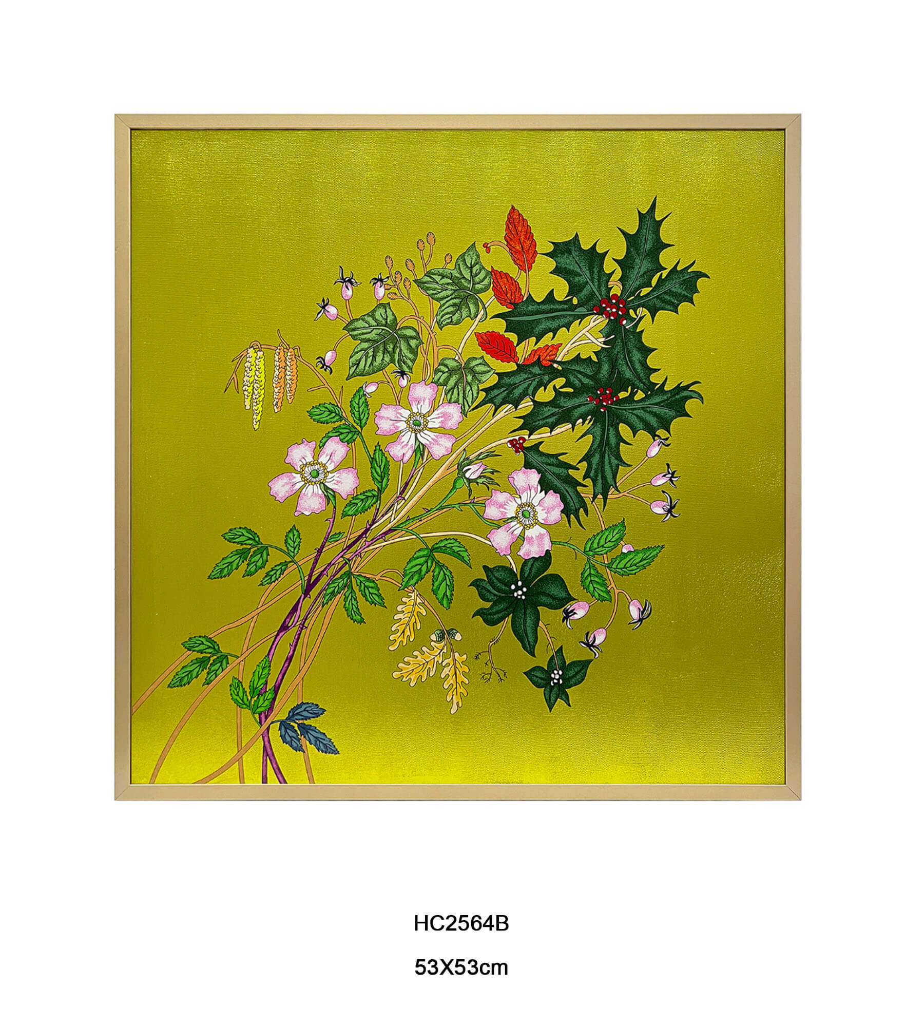 Chinoiserie wild rose wall art with warm yellow background floral artwork