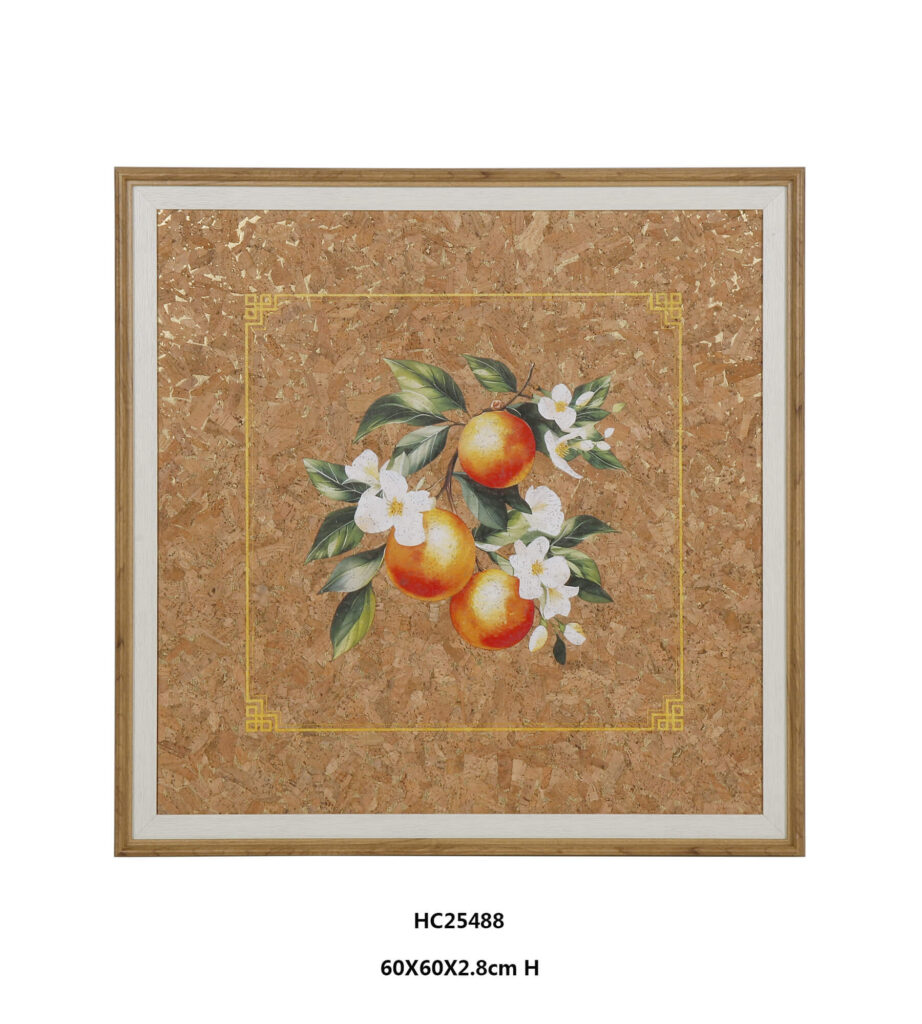 Framed citrus cork wall art with gold foil flecks