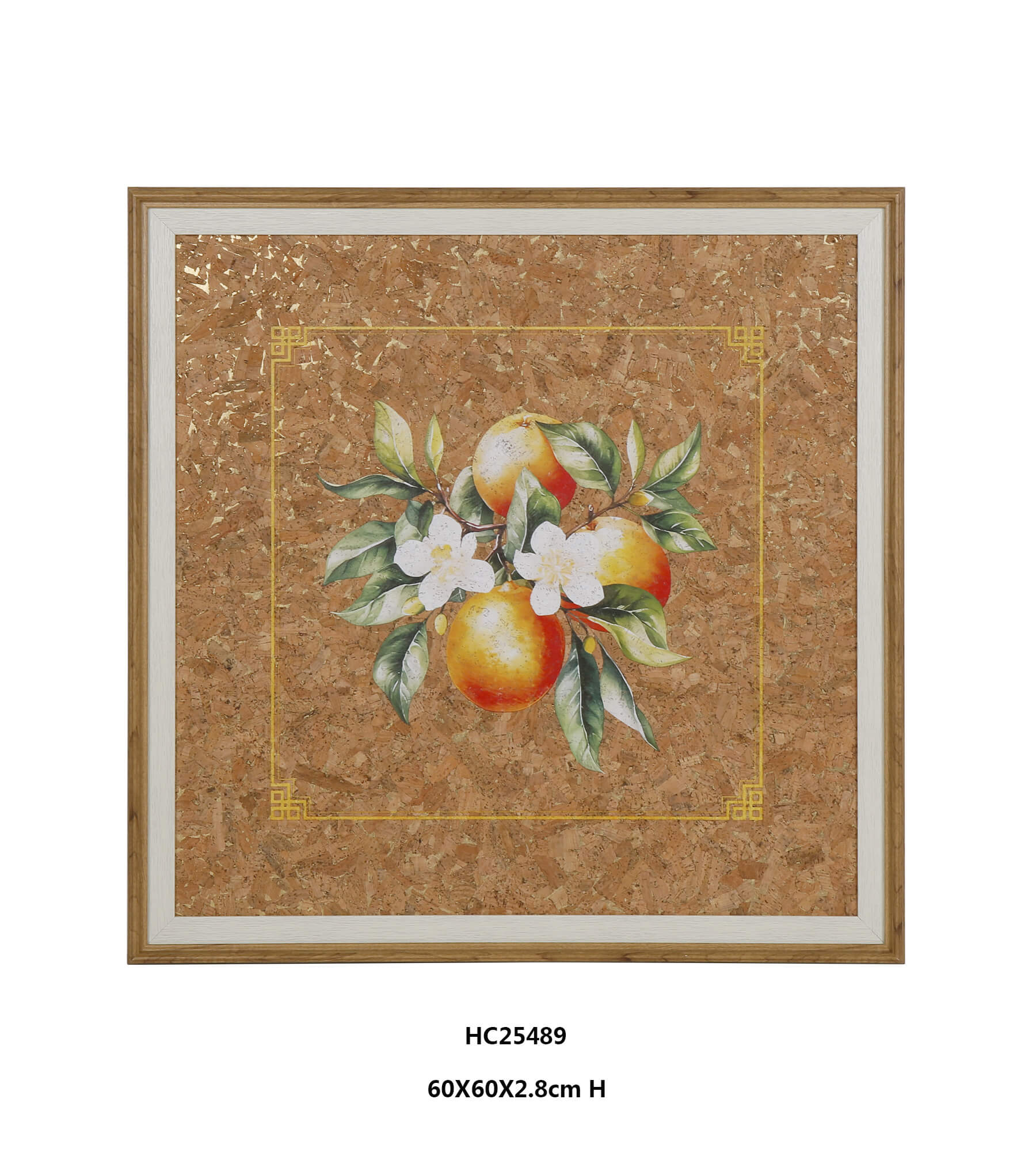 Framed Citrus Cork Wall Art with Orange Blossoms and Gold Foil（60x60cm）