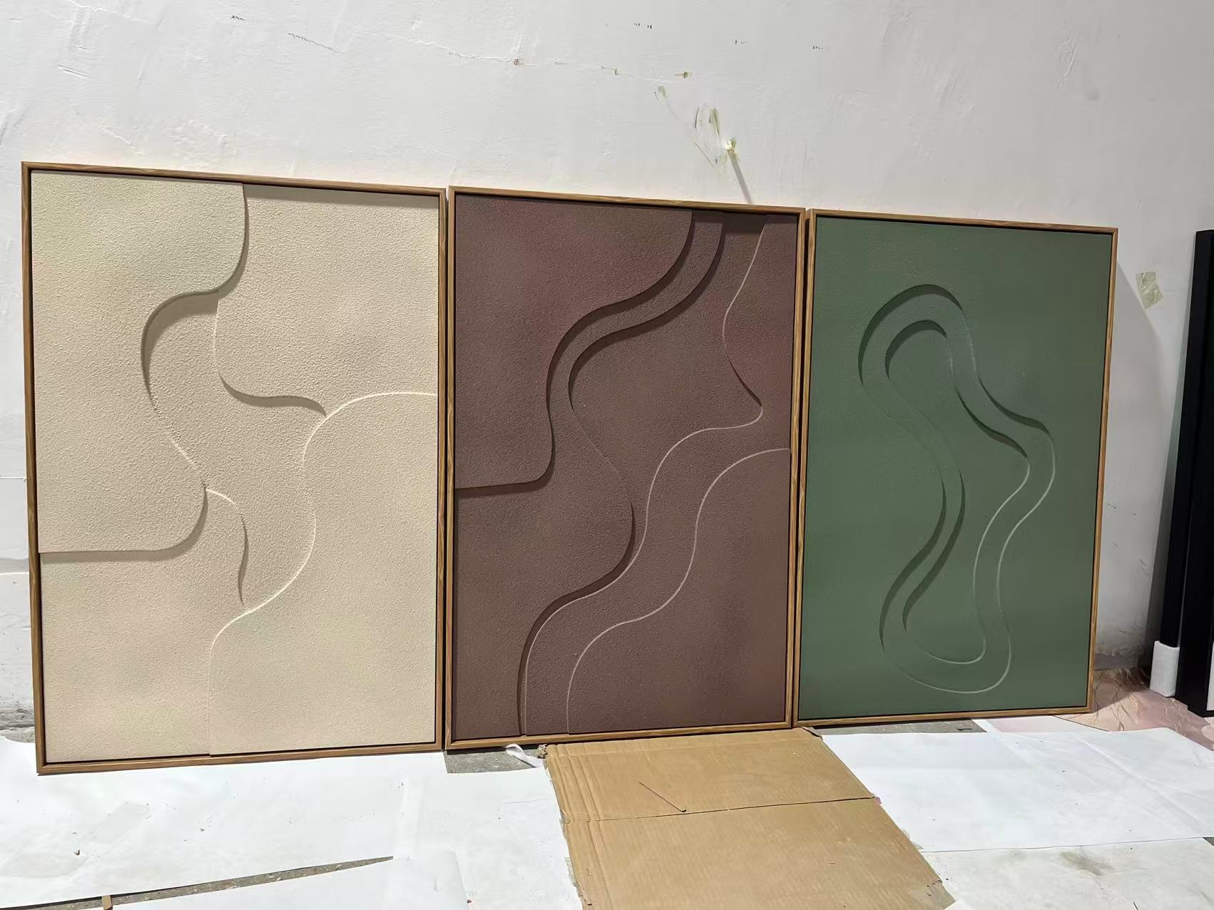 Curved Abstract Relief Wall Art in beige, brown and green with slim frames