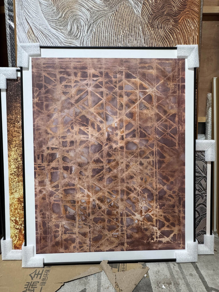 Handmade earthy tone gold texture canvas wall art with geometric grid design
