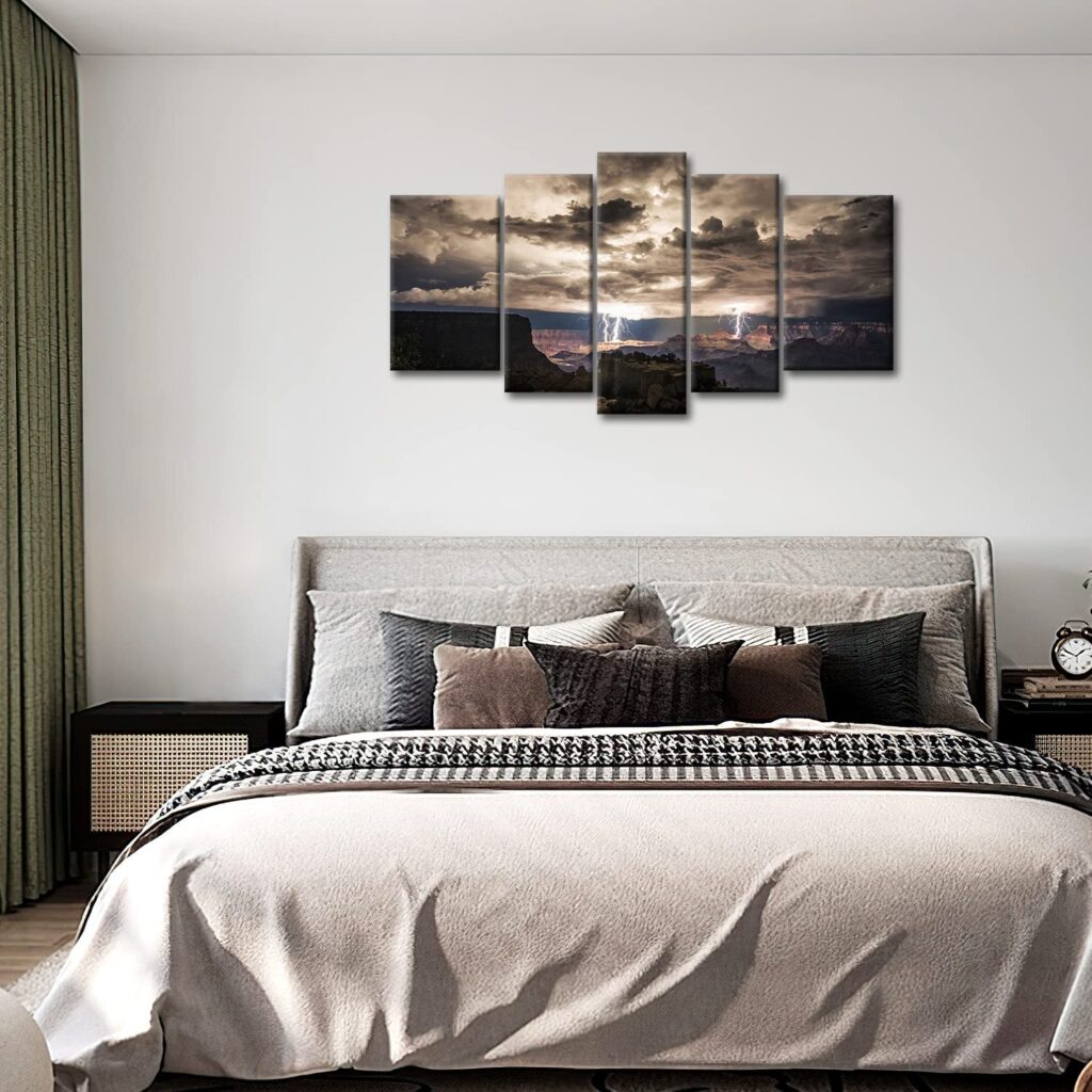 Five-panel canyon wall art above bed