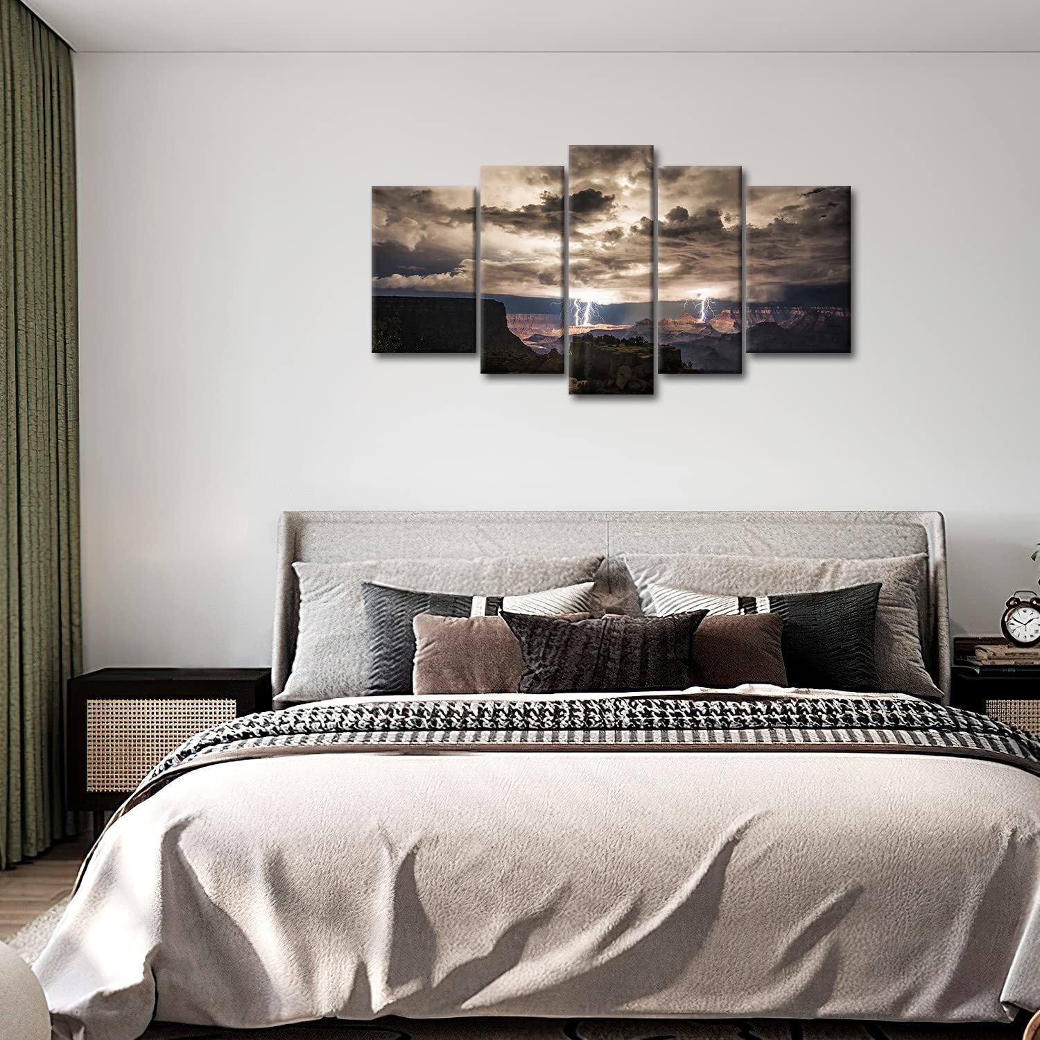 Five-panel canyon wall art above bed