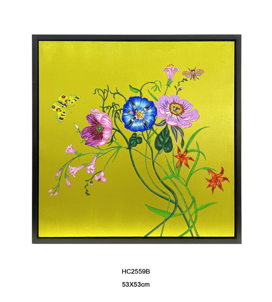 floral and butterfly wall art with a yellow gold background