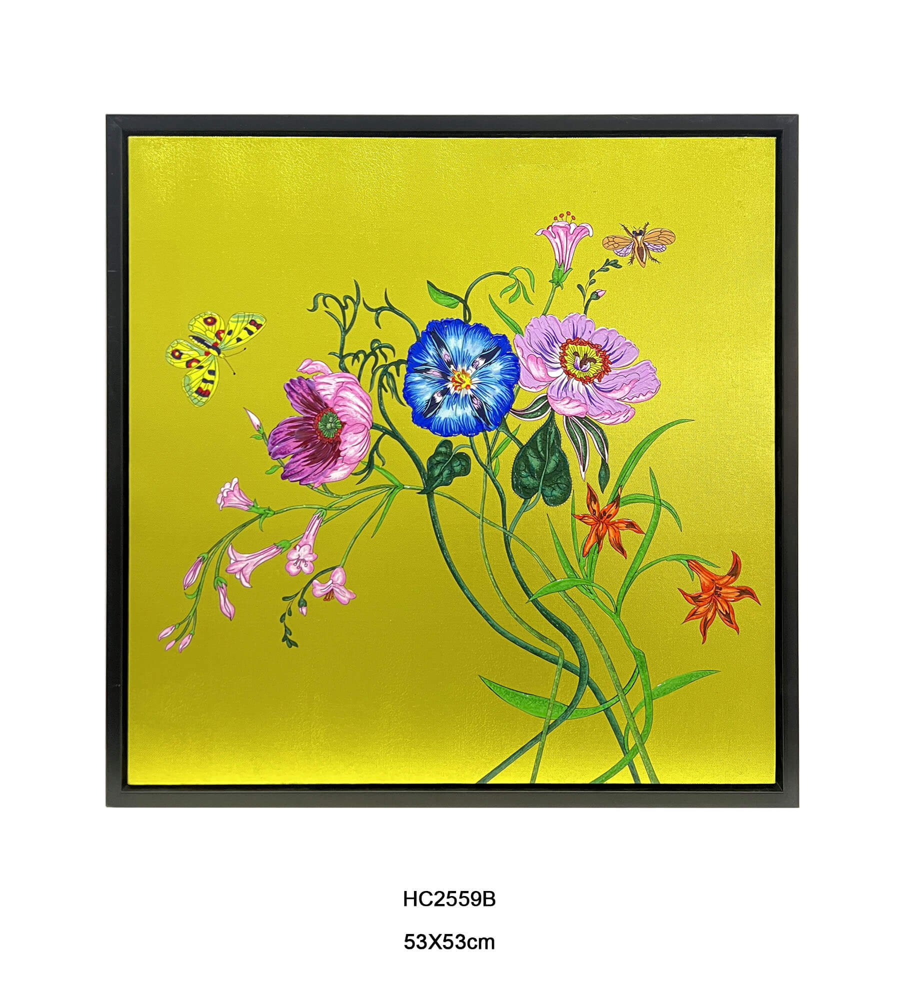 floral and butterfly wall art with a yellow gold background