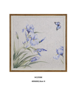 Framed blue iris wall art with blue butterfly and textured plaster background