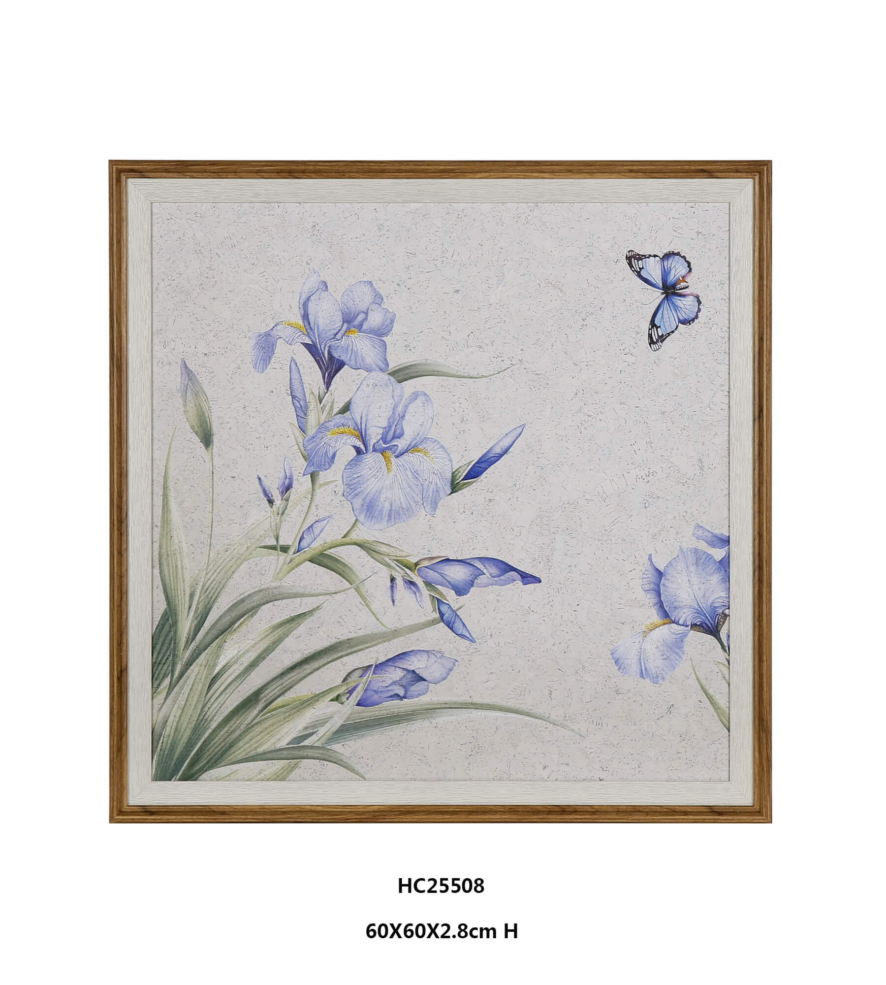 Blue Iris Botanical Framed Wall Art Textured Plaster Finish Dual Tone Wood Frame（60×60cm）