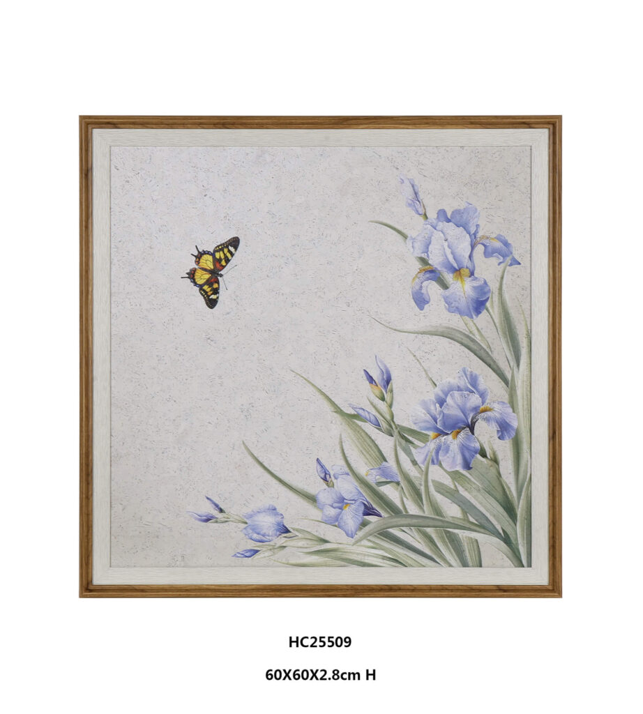 Framed blue iris wall art featuring yellow butterfly in two tone wood frame
