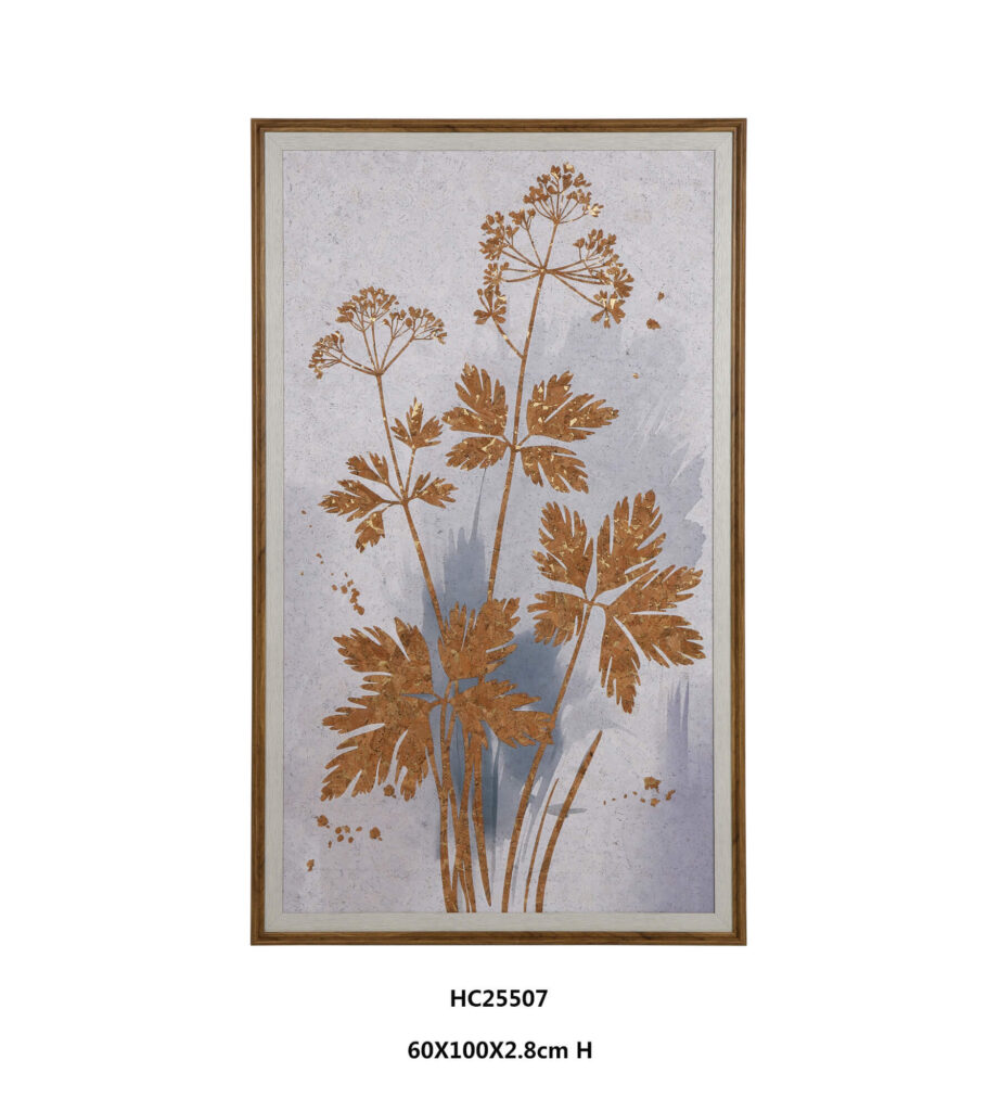 Framed botanical leaf wall art showing warm cow parsley foliage on watercolor background