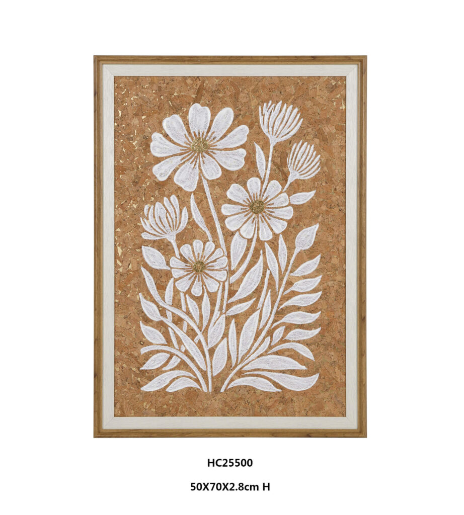 Framed cork botanical wall art with white daisy relief and gold leaf flecks