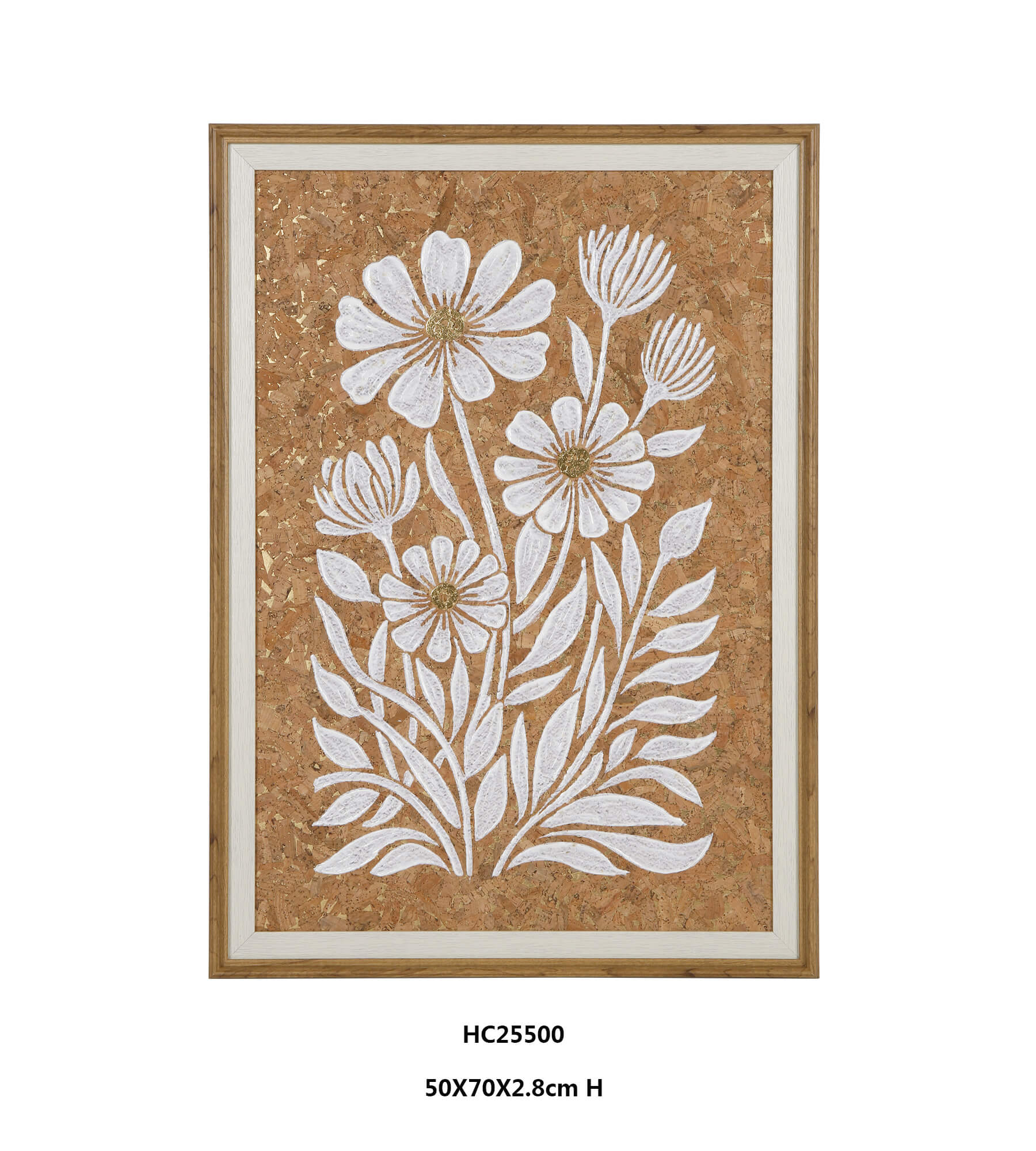 Framed cork botanical wall art with white daisy relief and gold leaf flecks