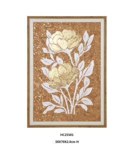 Framed cork botanical wall art featuring golden peony flowers and wood frame
