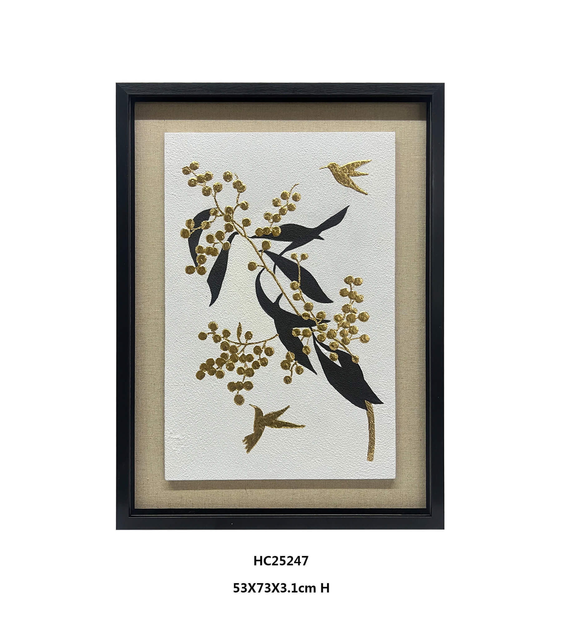 Framed gold leaf hummingbird wall art with black and white botanical background
