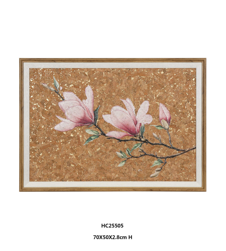 Framed magnolia cork wall art with pink relief petals and gold foil.