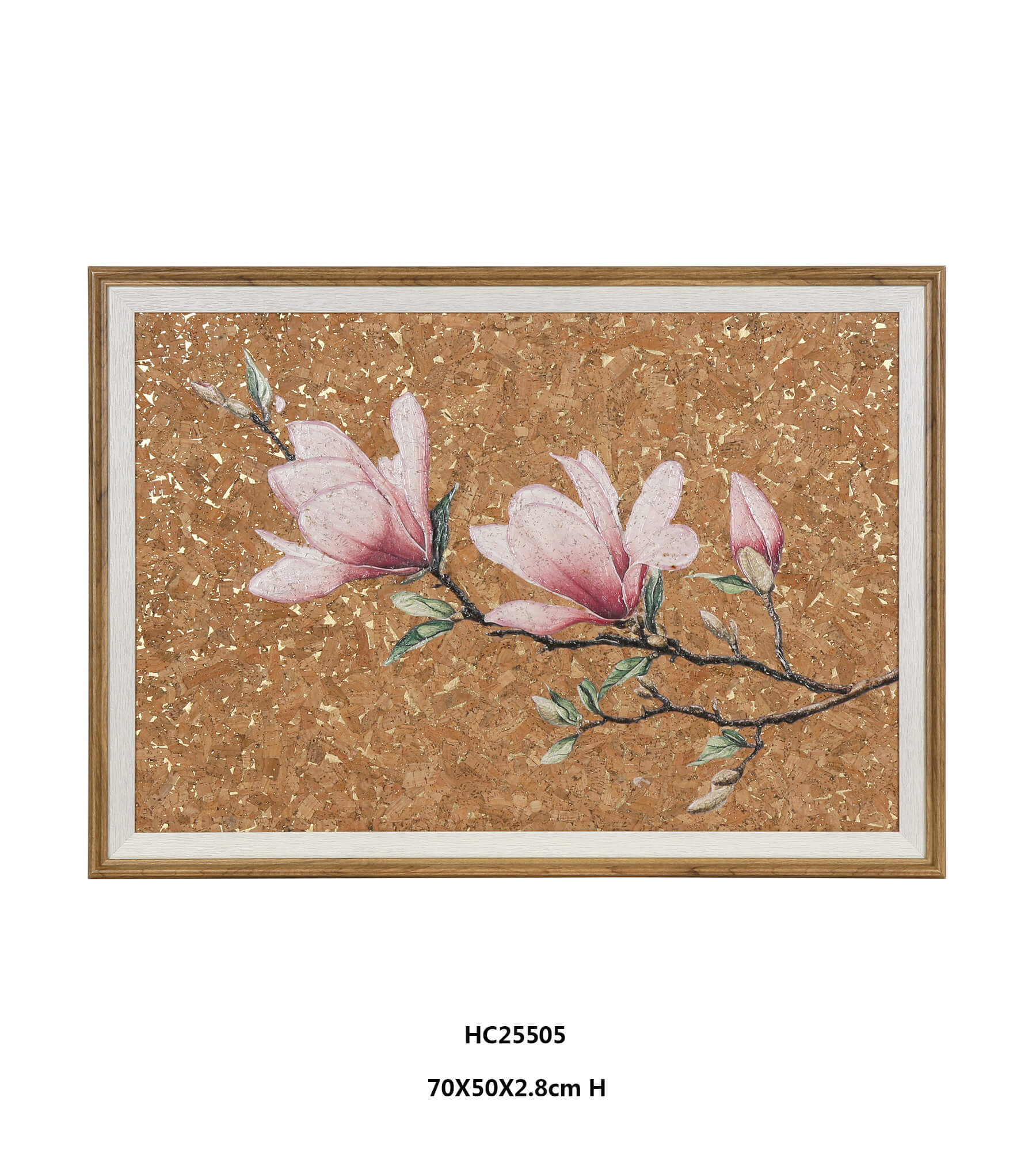 Framed magnolia cork wall art with pink relief petals and gold foil.