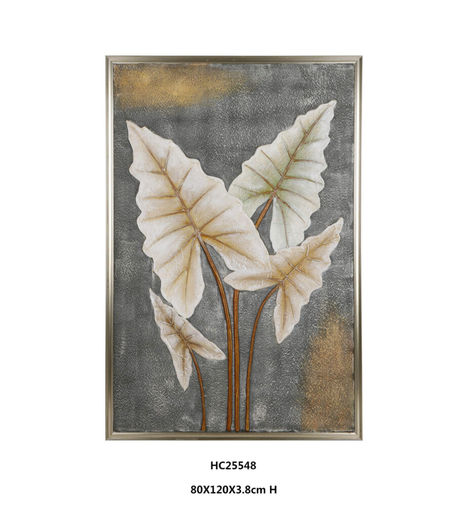 Framed textured alocasia leaf wall art with copper stems