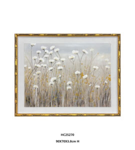 Gold bamboo framed textured white wildflower wall art