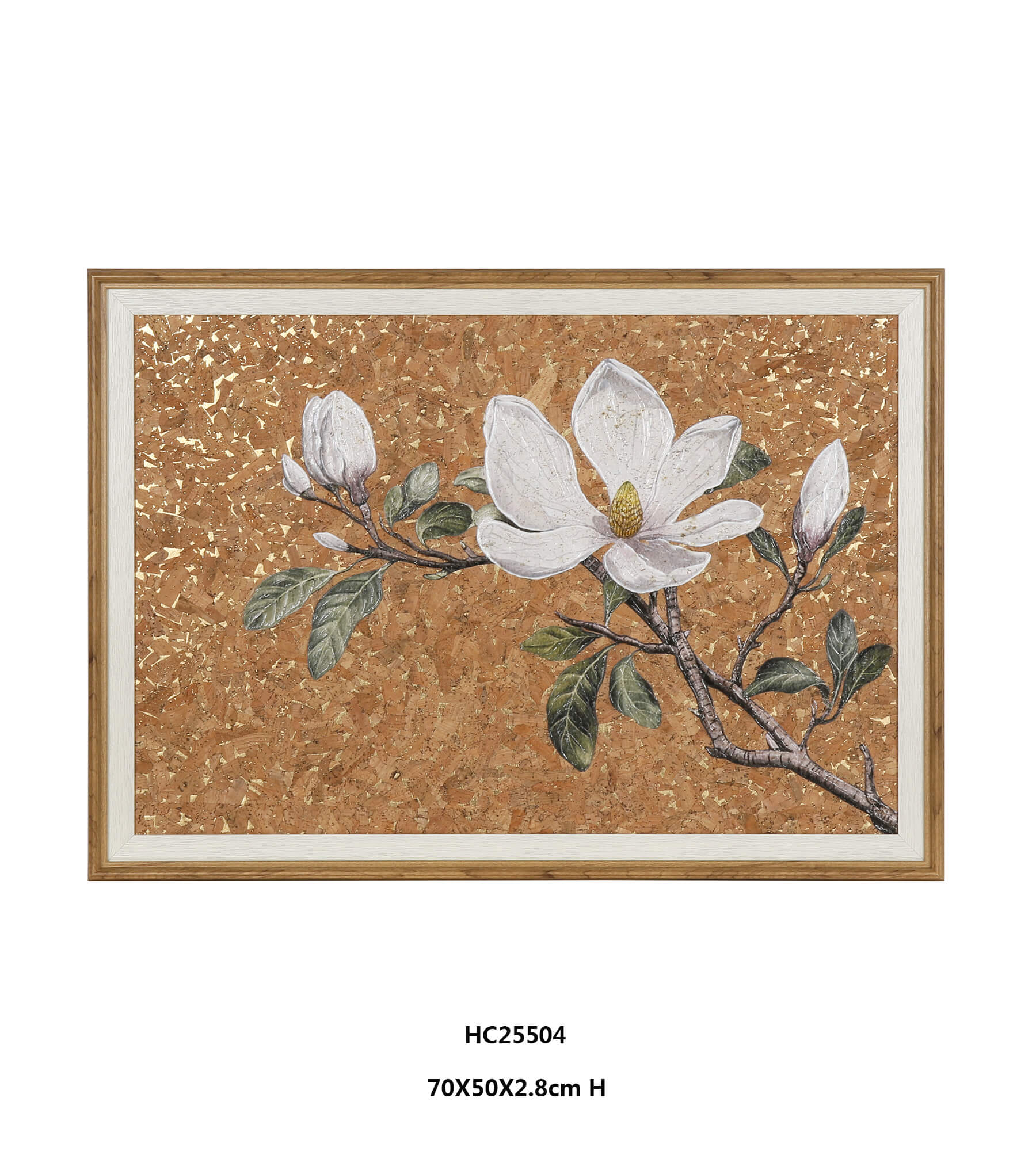 Stunning Framed Magnolia Cork Wall Art with Sculpted Petals and Embedded Gold Leaf Flakes（70x50cm）