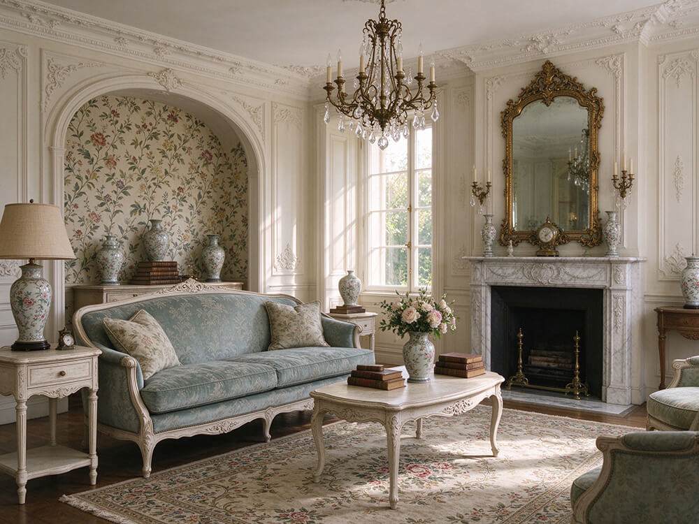 French vintage living room with ornate moldings and classic wall art design.