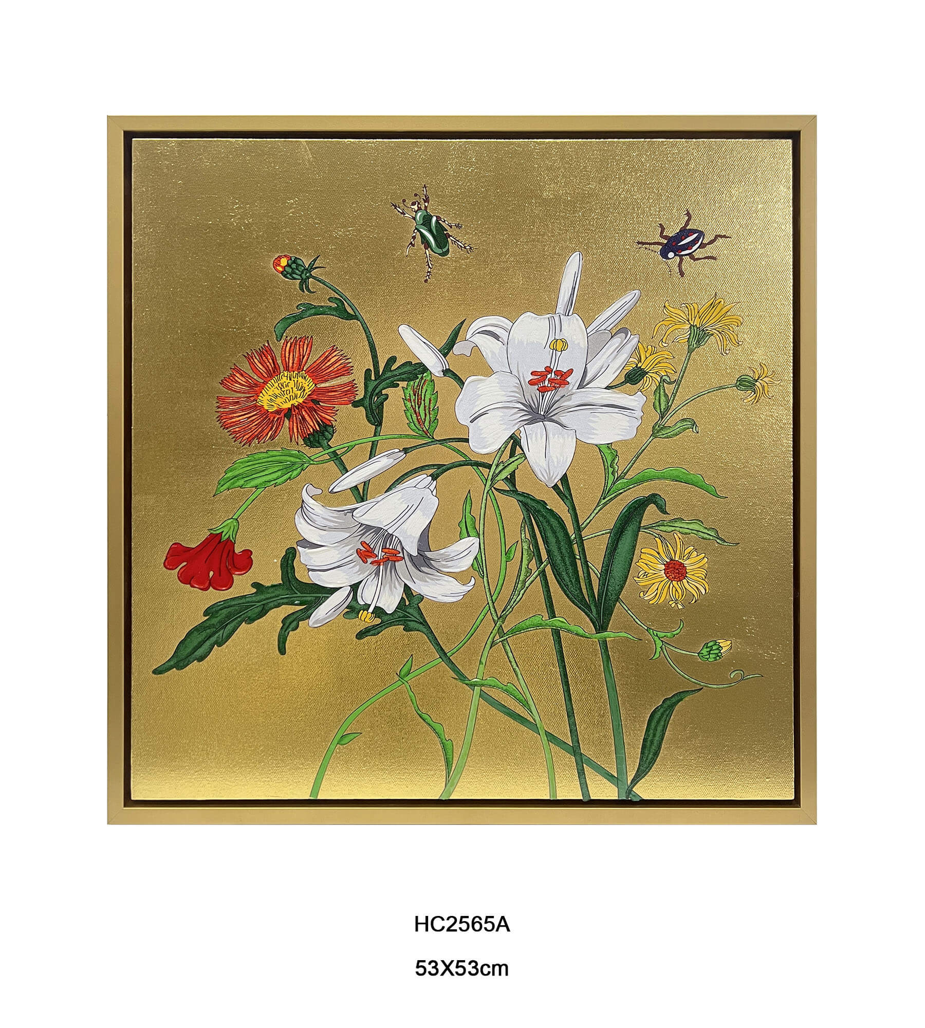 Gold framed chinoiserie lily and wildflower wall art