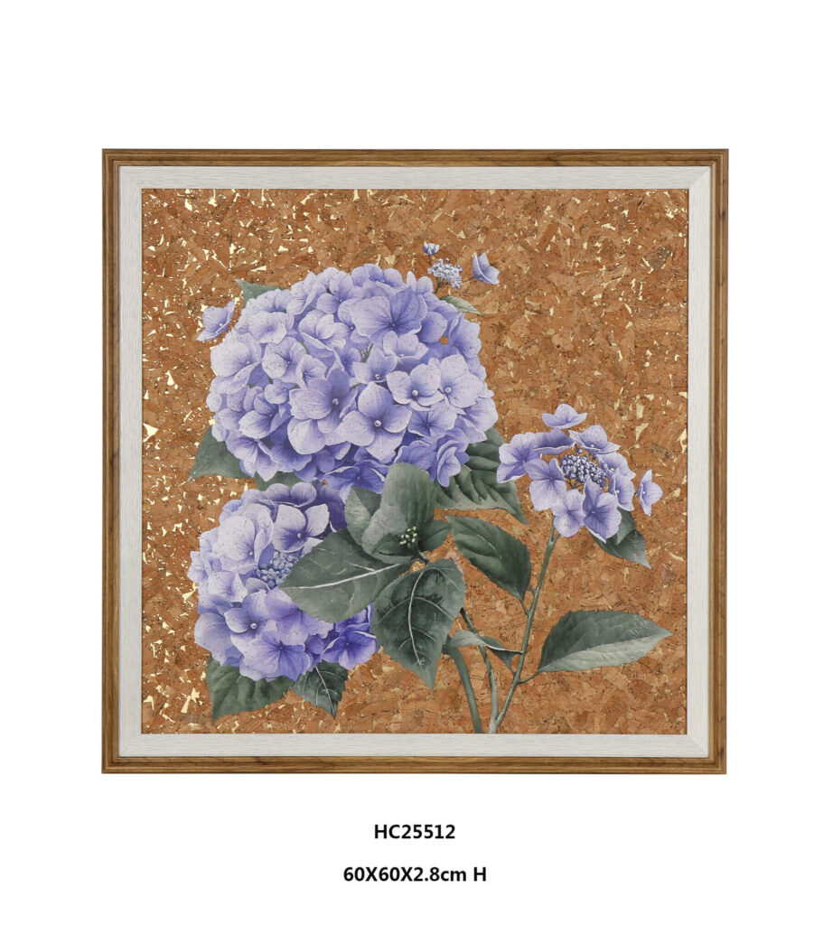 Gold leaf hydrangea cork wall art in square wooden frame