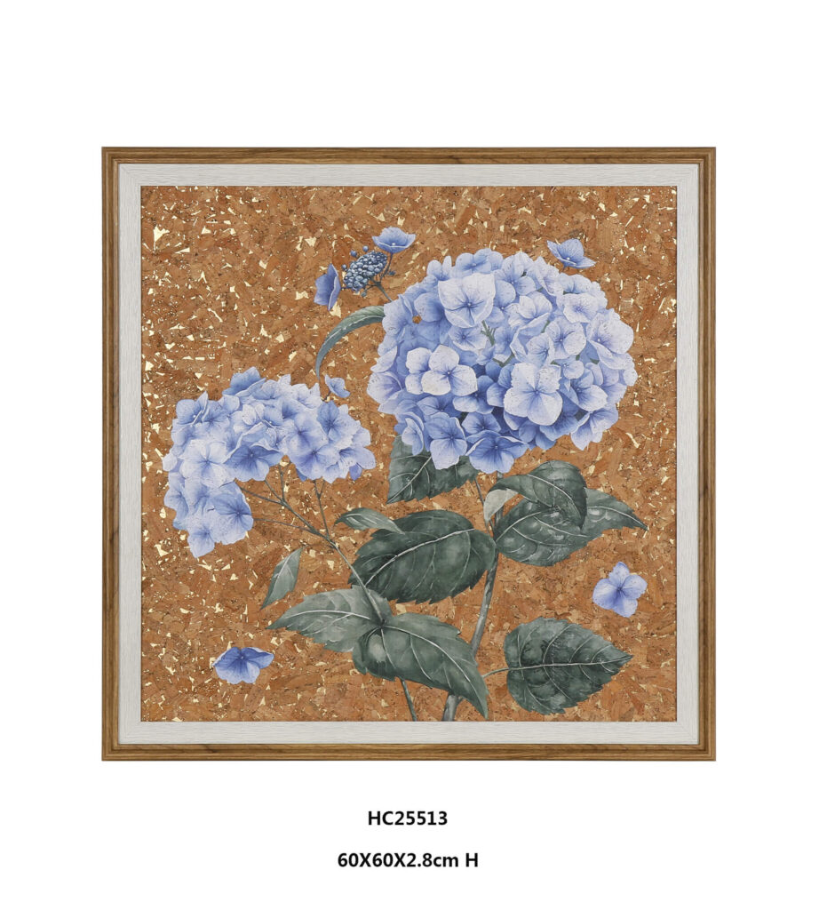 Framed gold leaf hydrangea cork wall art with blooming petals