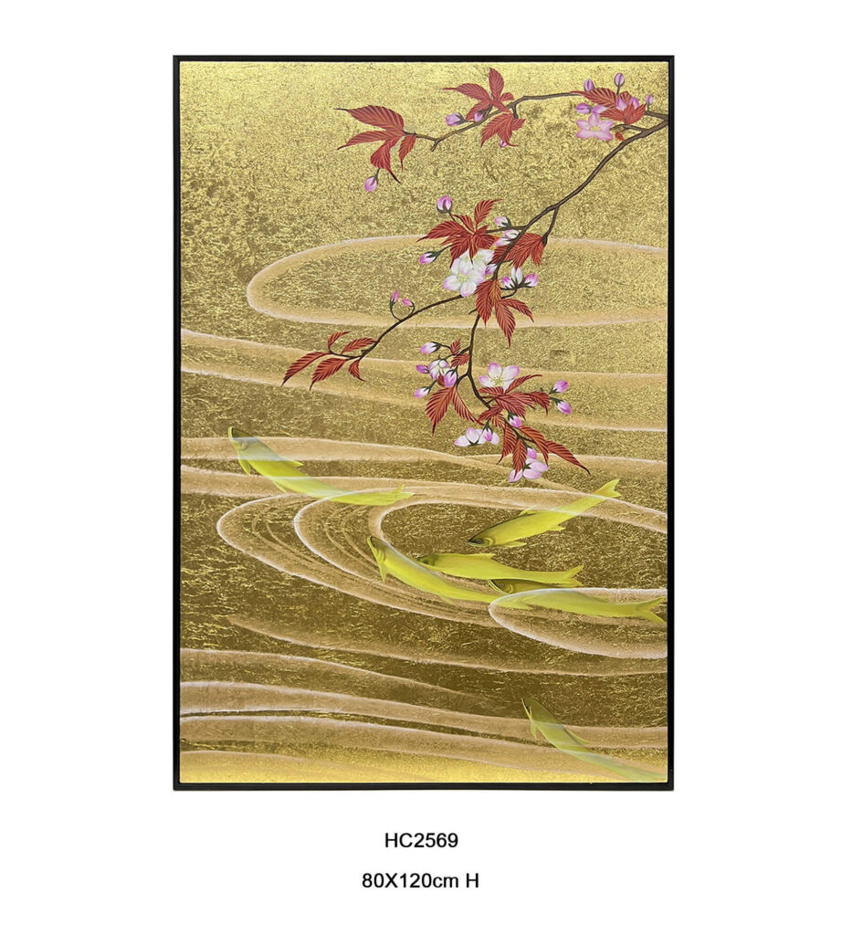 Framed gold leaf koi fish cherry blossom wall art 80x120cm