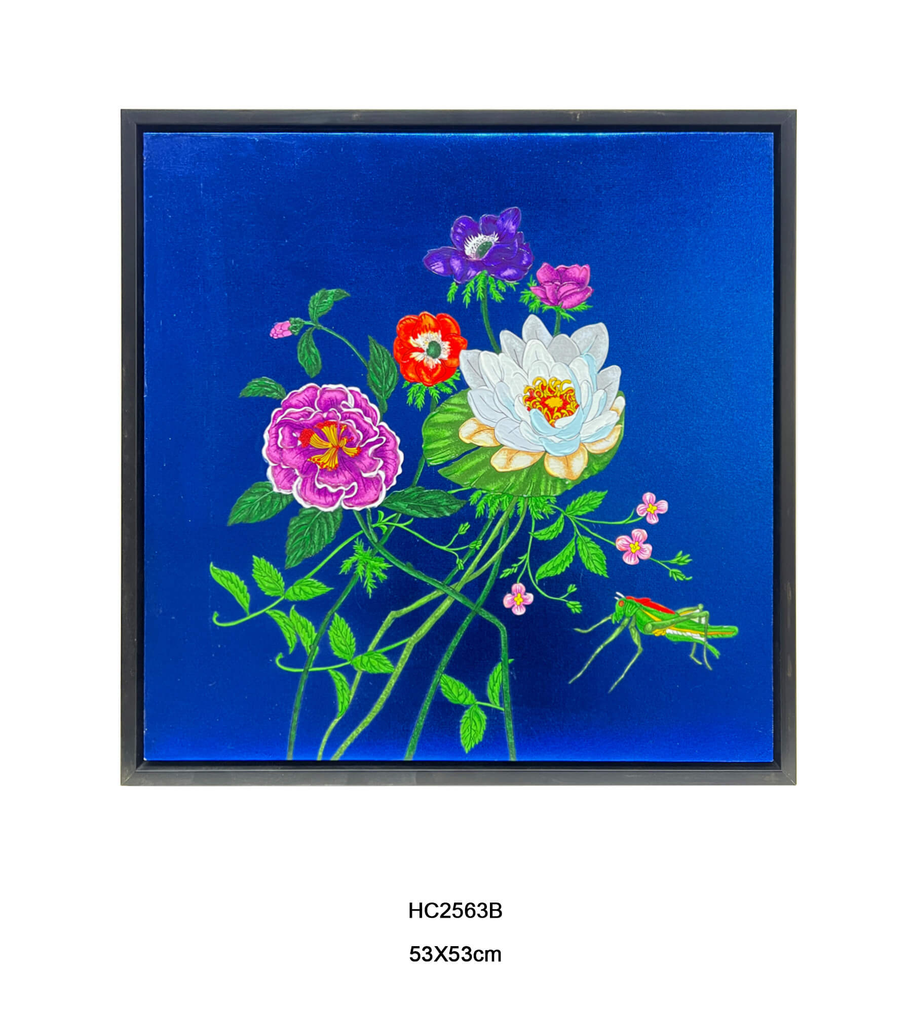 gold leaf lotus wall art with mixed flowers on blue