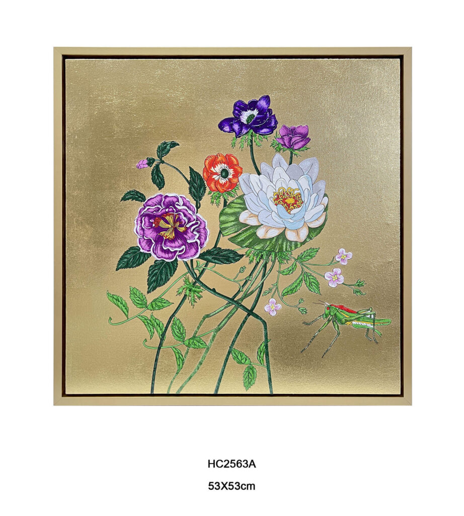 gold leaf lotus wall art with mixed flowers on gold