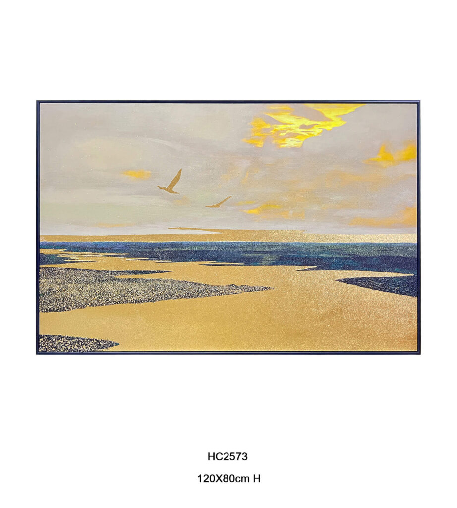 Hand painted gold leaf seascape wall art with birds over a blue sea
