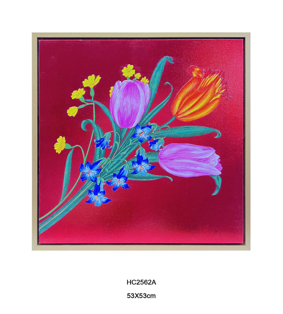 Hand-painted gold leaf tulip wall art on crimson