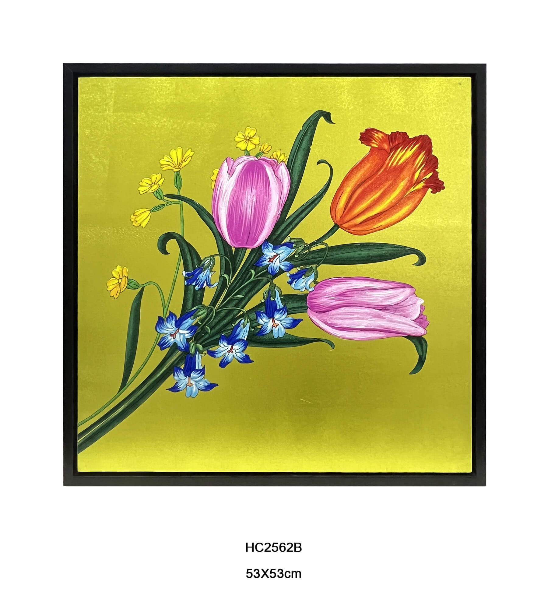 Hand-painted gold leaf tulip wall art on golden yellow