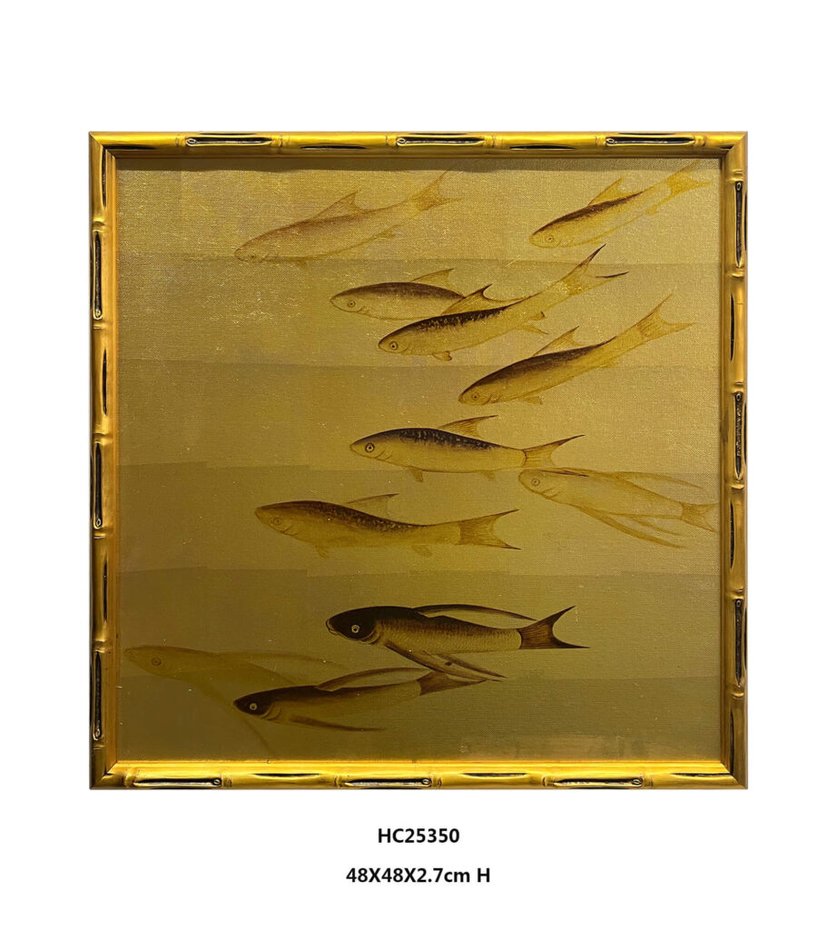 gold school of fish wall art with dark fish on gold