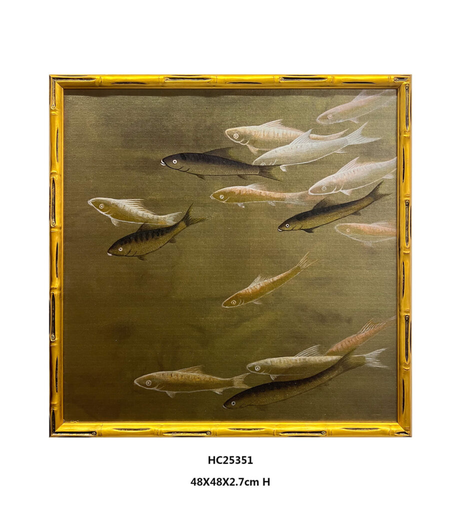 gold school of fish wall art with black and pale fish